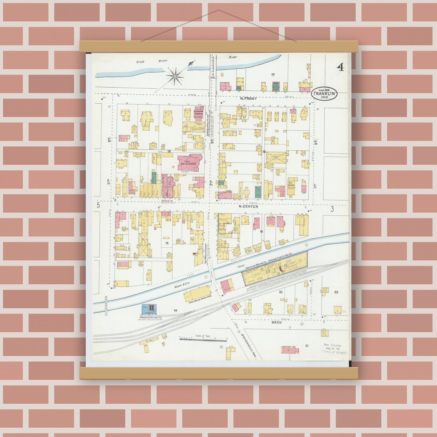 Old map wall art mockup — magnetic wood frame on brick wall — Sanborn Fire Insurance Map from Franklin, Warren County, Ohio (1905), Sheet #0004