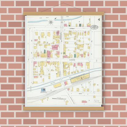 Old map wall art mockup — magnetic wood frame on brick wall — Sanborn Fire Insurance Map from Franklin, Warren County, Ohio (1905), Sheet #0004