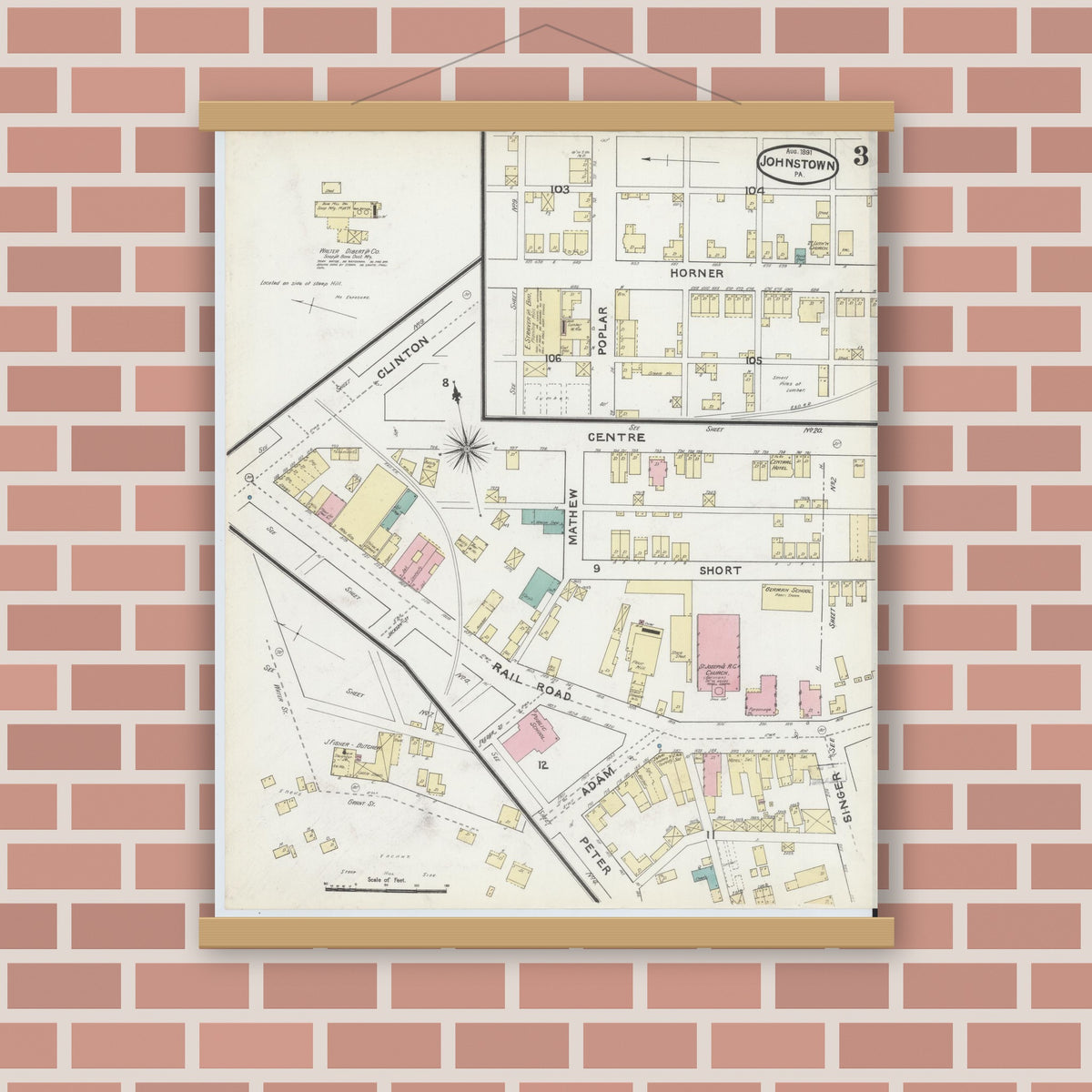Old map wall art mockup — magnetic wood frame on brick wall — Sanborn Fire Insurance Map from Johnstown, Cambria County, Pennsylvania (1891), Sheet #0003