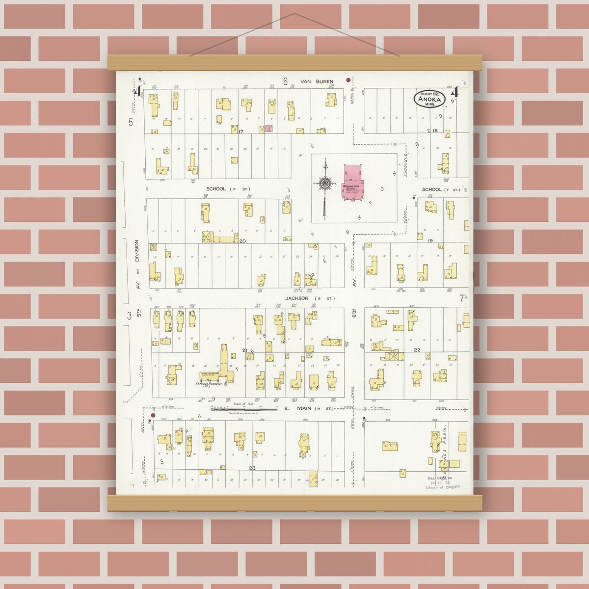 Old map wall art mockup — magnetic wood frame on brick wall — Sanborn Fire Insurance Map from Anoka, Anoka County, Minnesota (1925), Sheet #0004
