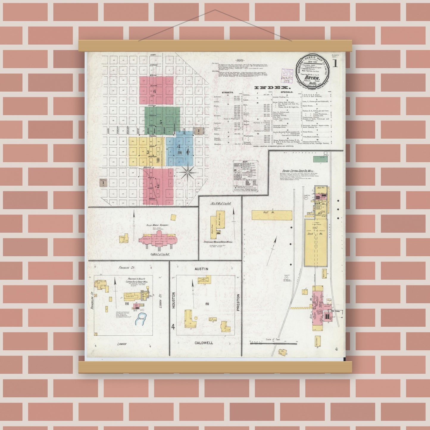 Old map wall art mockup — magnetic wood frame on brick wall — Sanborn Fire Insurance Map from Bryan, Brazos County, Texas (1901), Sheet #0001