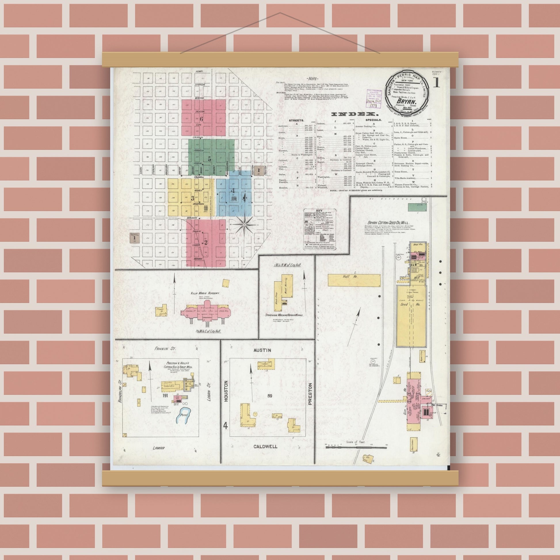 Old map wall art mockup — magnetic wood frame on brick wall — Sanborn Fire Insurance Map from Bryan, Brazos County, Texas (1901), Sheet #0001