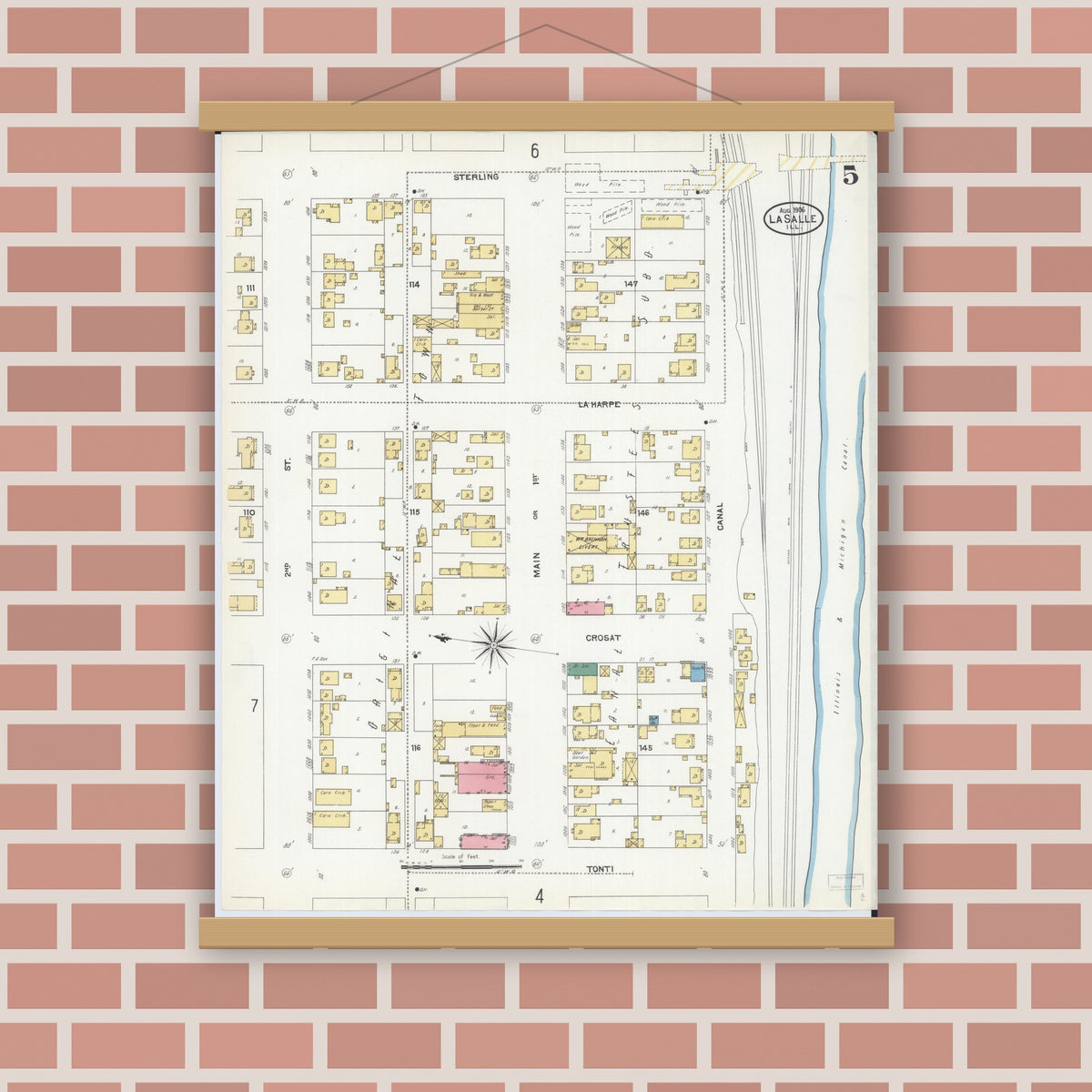 Old map wall art mockup — magnetic wood frame on brick wall — Sanborn Fire Insurance Map from La Salle, La Salle County, Illinois (1906), Sheet #0005