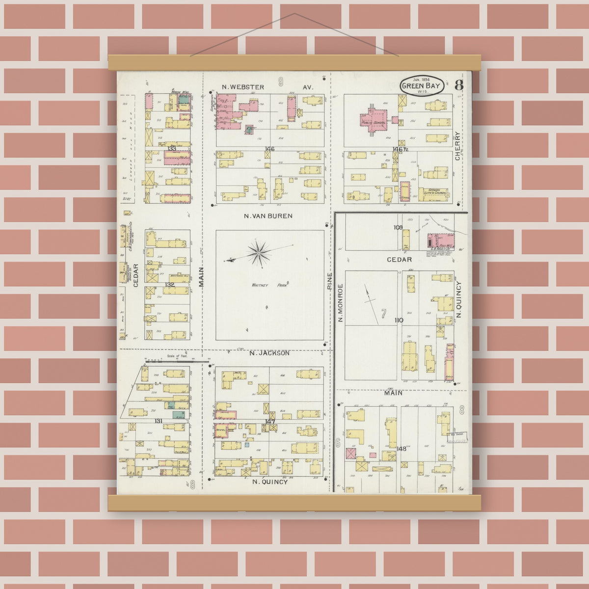 Old map wall art mockup — magnetic wood frame on brick wall — Sanborn Fire Insurance Map from Green Bay, Brown County, Wisconsin (1894), Sheet #0008