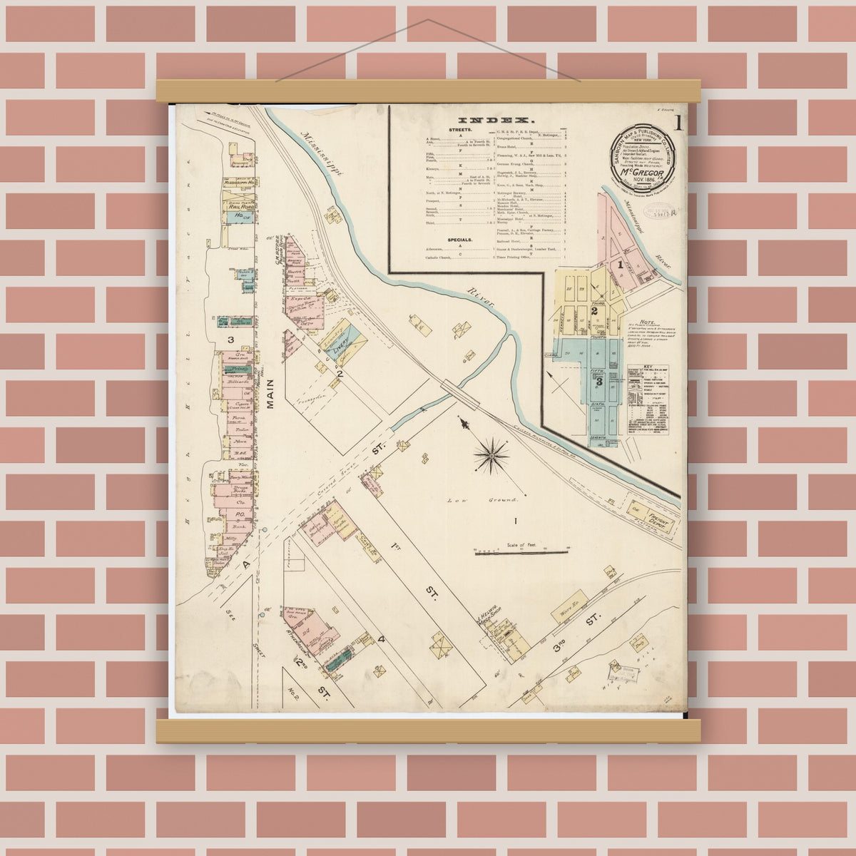 Old map wall art mockup — magnetic wood frame on brick wall — Sanborn Fire Insurance Map from McGregor, Clayton County, Iowa (1886), Sheet #0001