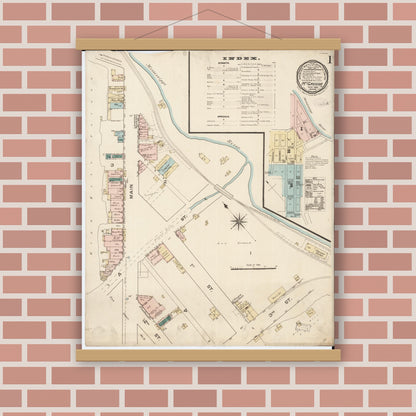 Old map wall art mockup — magnetic wood frame on brick wall — Sanborn Fire Insurance Map from McGregor, Clayton County, Iowa (1886), Sheet #0001