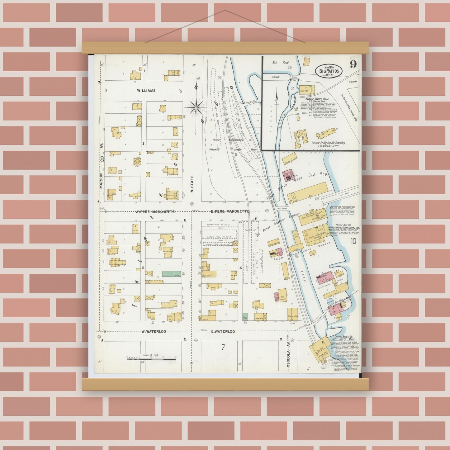 Old map wall art mockup — magnetic wood frame on brick wall — Sanborn Fire Insurance Map from Big Rapids, Mecosta County, Michigan (1899), Sheet #0009
