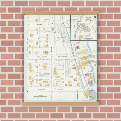Old map wall art mockup — magnetic wood frame on brick wall — Sanborn Fire Insurance Map from Big Rapids, Mecosta County, Michigan (1899), Sheet #0009