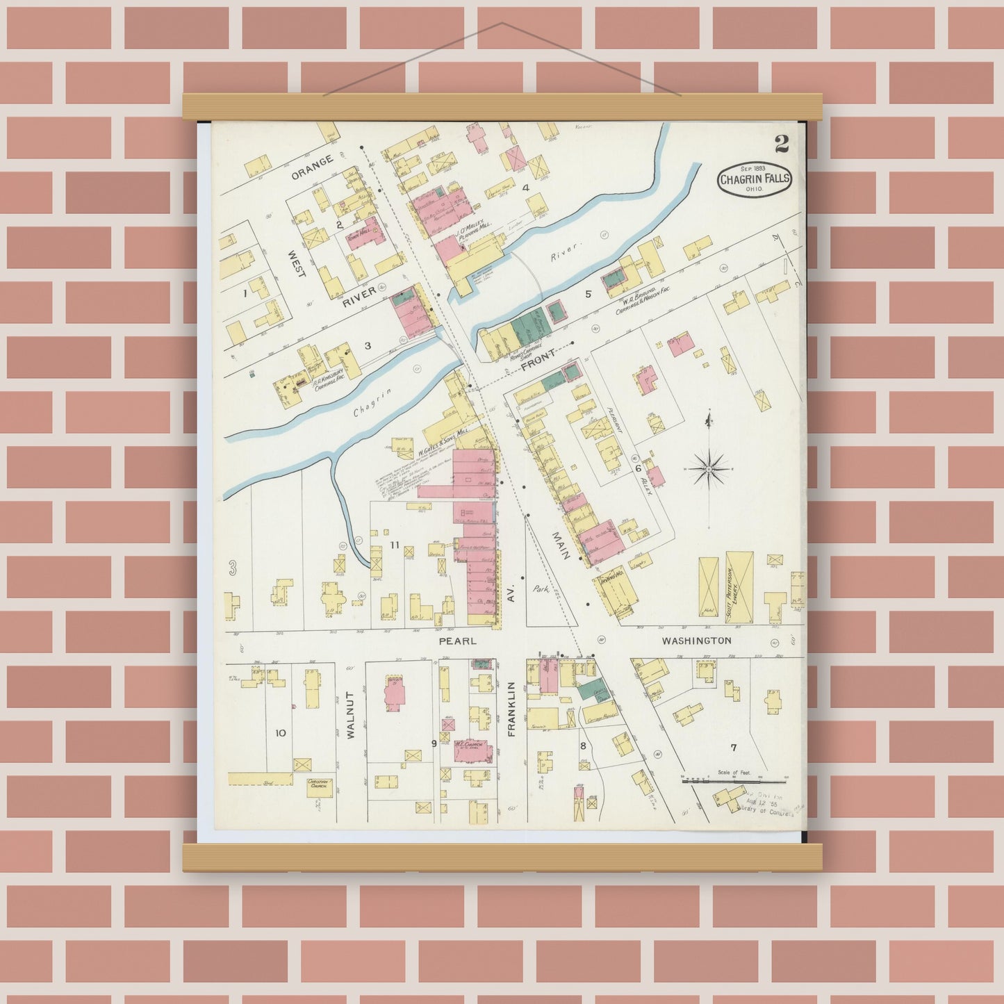 Old map wall art mockup — magnetic wood frame on brick wall — Sanborn Fire Insurance Map from Chagrin Falls, Cuyahoga County, Ohio (1893), Sheet #0002