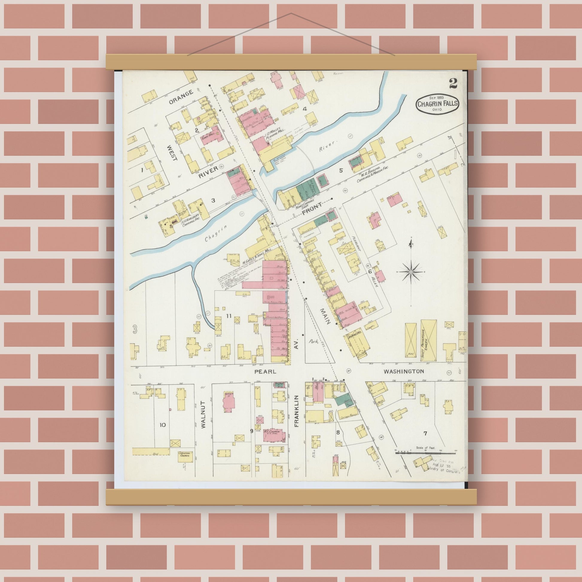 Old map wall art mockup — magnetic wood frame on brick wall — Sanborn Fire Insurance Map from Chagrin Falls, Cuyahoga County, Ohio (1893), Sheet #0002