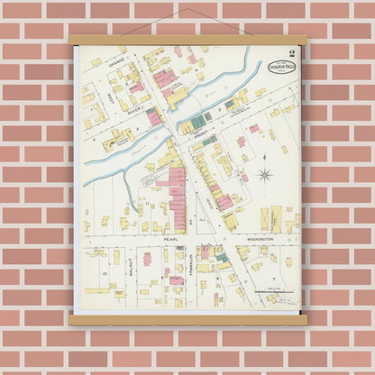 Old map wall art mockup — magnetic wood frame on brick wall — Sanborn Fire Insurance Map from Chagrin Falls, Cuyahoga County, Ohio (1893), Sheet #0002