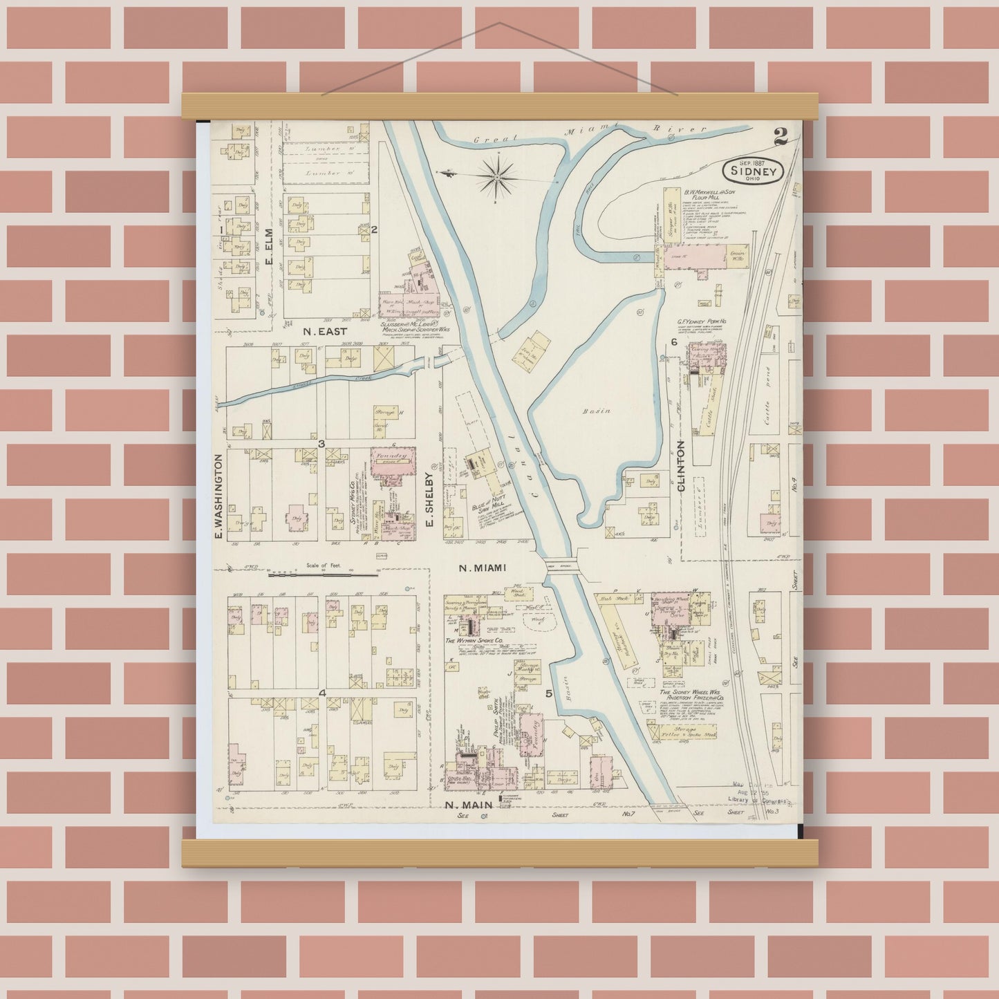 Old map wall art mockup — magnetic wood frame on brick wall — Sanborn Fire Insurance Map from Sidney, Shelby County, Ohio (1887), Sheet #0002