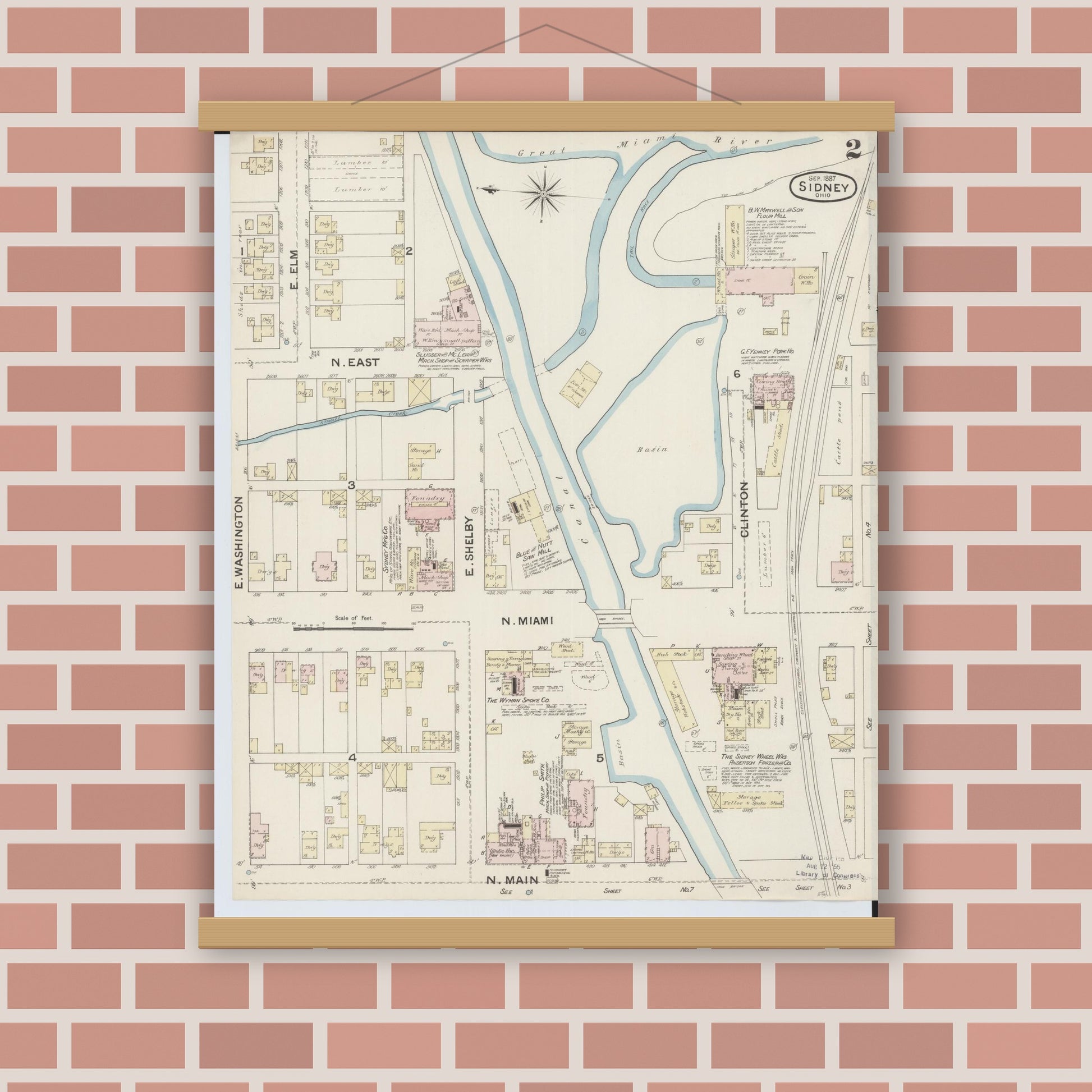 Old map wall art mockup — magnetic wood frame on brick wall — Sanborn Fire Insurance Map from Sidney, Shelby County, Ohio (1887), Sheet #0002