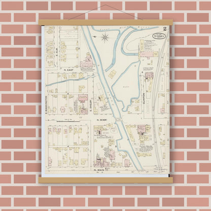 Old map wall art mockup — magnetic wood frame on brick wall — Sanborn Fire Insurance Map from Sidney, Shelby County, Ohio (1887), Sheet #0002