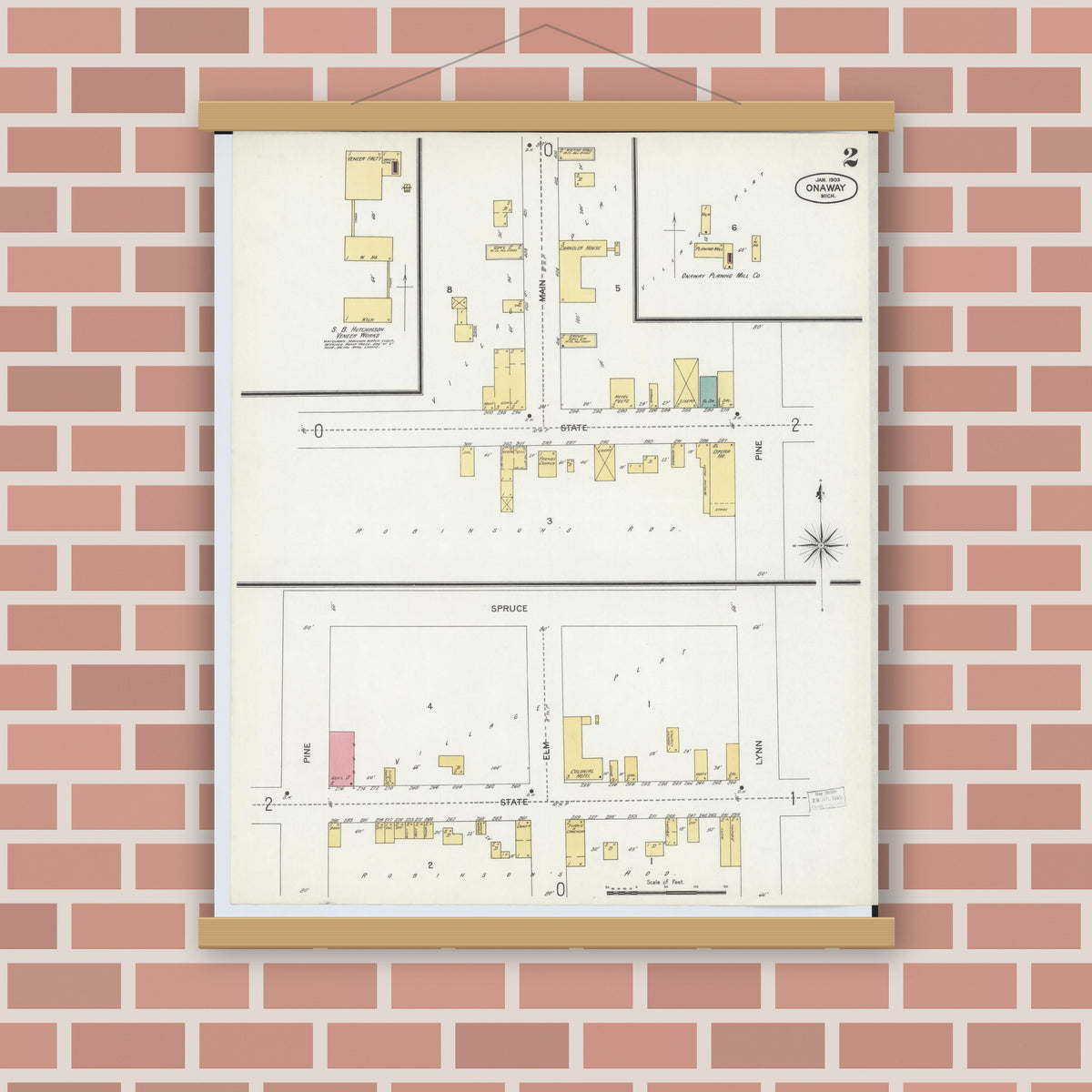 Old map wall art mockup — magnetic wood frame on brick wall — Sanborn Fire Insurance Map from Onaway, Presque Isle County, Michigan (1903), Sheet #0002