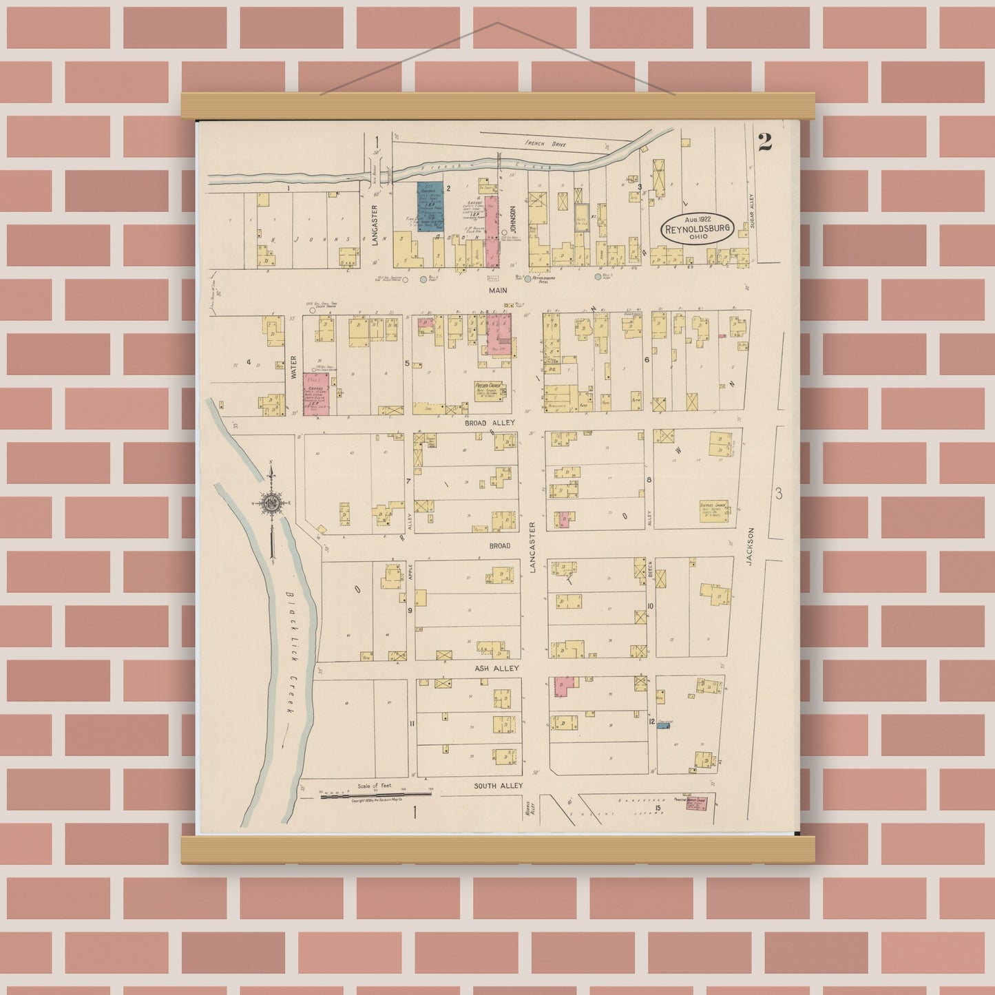 Old map wall art mockup — magnetic wood frame on brick wall — Sanborn Fire Insurance Map from Reynoldsburg, Franklin County, Ohio (1922), Sheet #0002