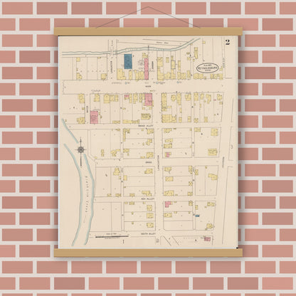 Old map wall art mockup — magnetic wood frame on brick wall — Sanborn Fire Insurance Map from Reynoldsburg, Franklin County, Ohio (1922), Sheet #0002