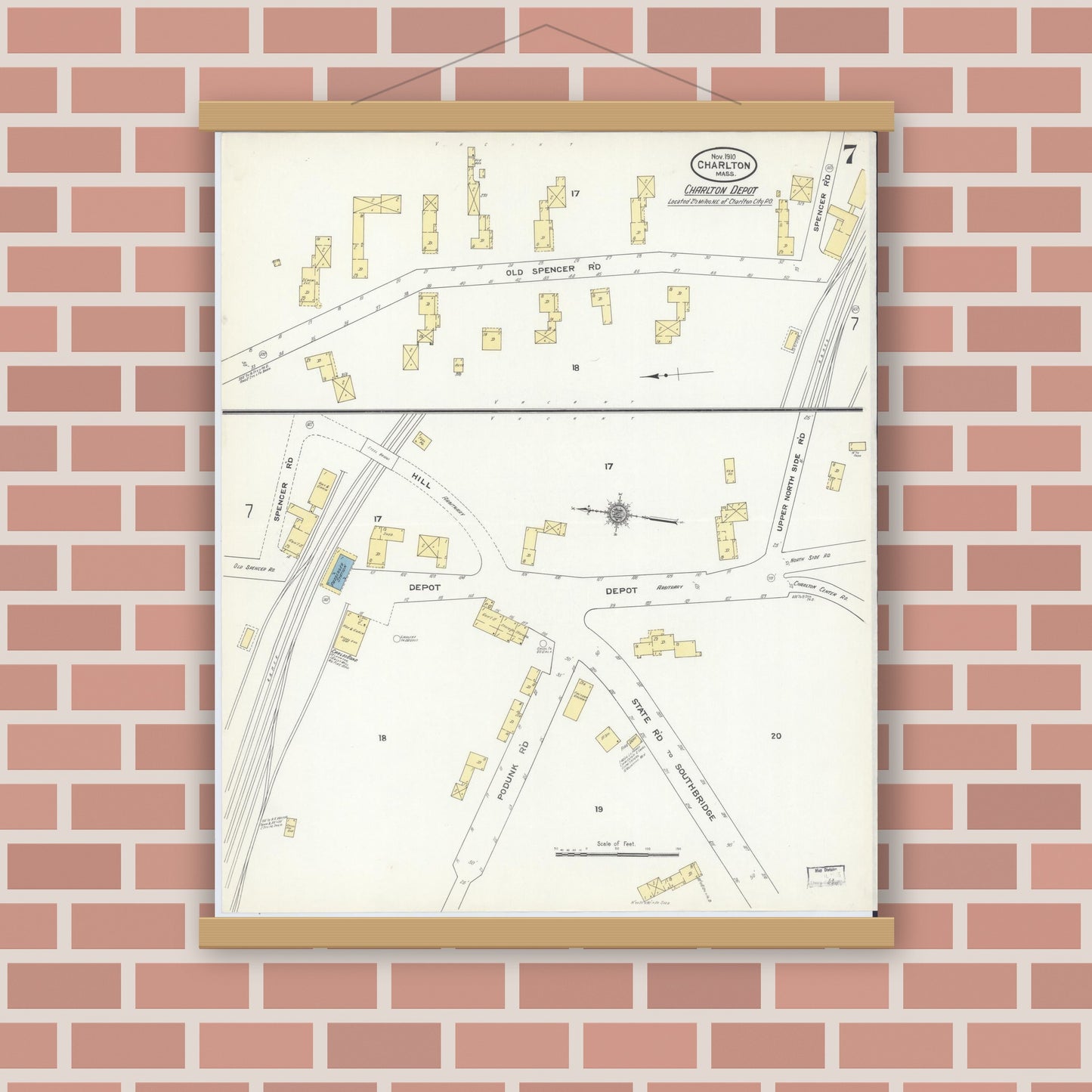 Old map wall art mockup — magnetic wood frame on brick wall — Sanborn Fire Insurance Map from Charlton, Worcester County, Massachusetts (1910), Sheet #0007