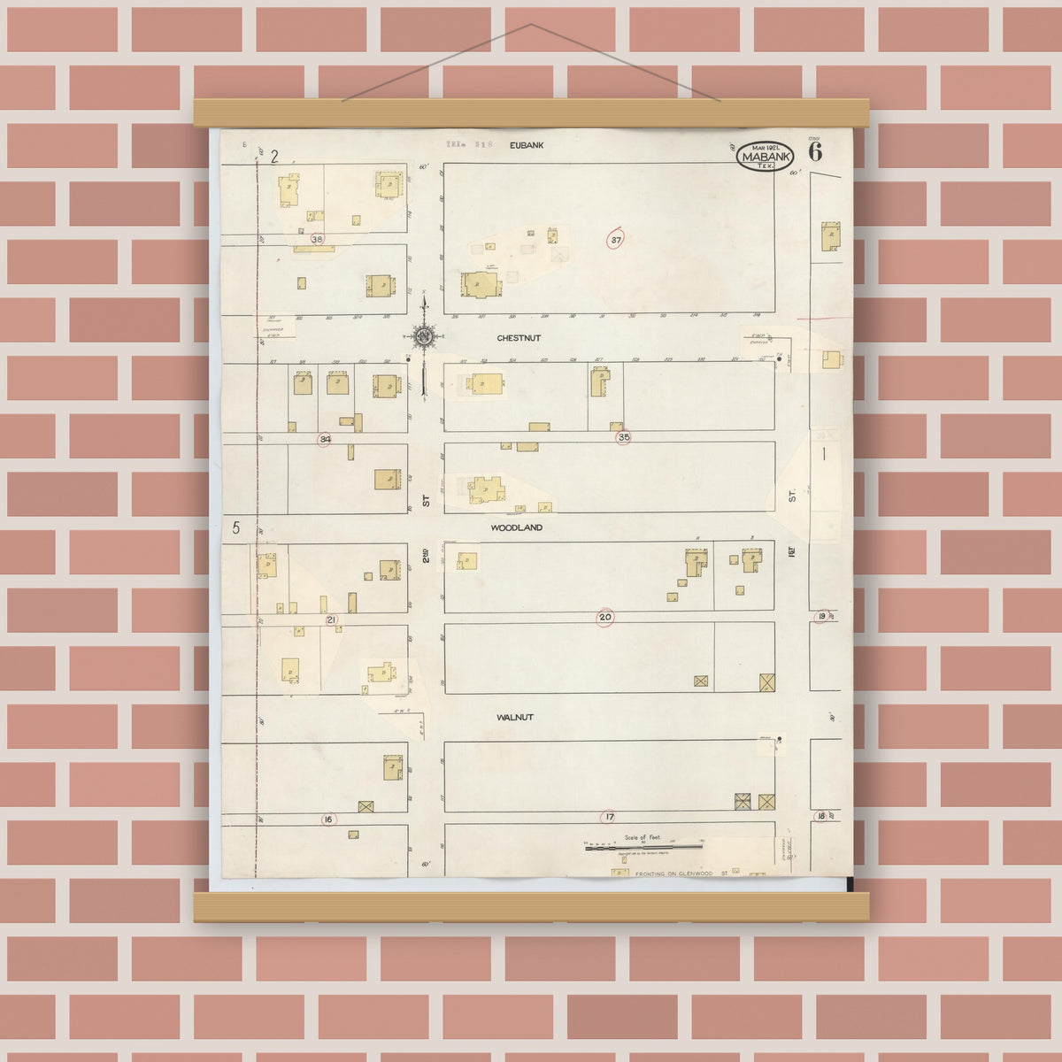 Old map wall art mockup — magnetic wood frame on brick wall — Sanborn Fire Insurance Map from Mabank, Kaufman County, Texas (1934), Sheet #0006