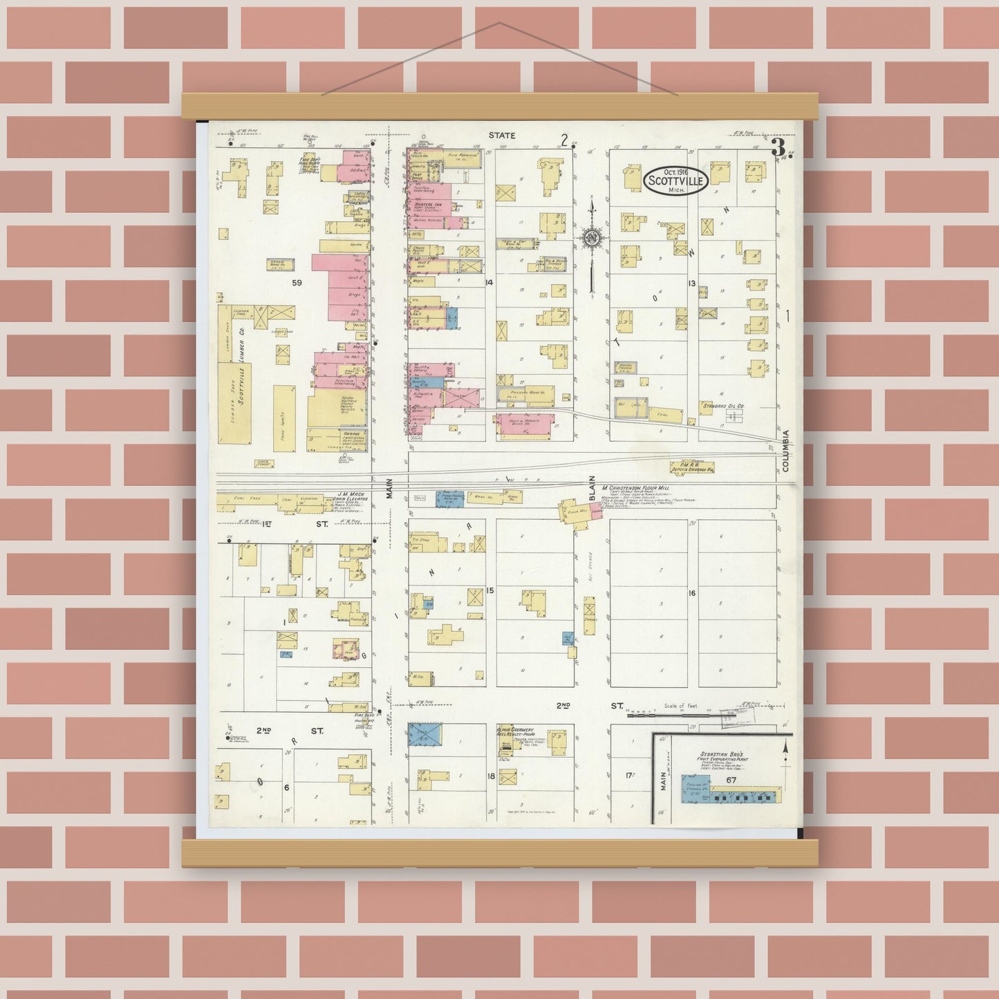 Old map wall art mockup — magnetic wood frame on brick wall — Sanborn Fire Insurance Map from Scottville, Mason County, Michigan (1916), Sheet #0003