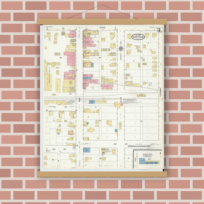 Old map wall art mockup — magnetic wood frame on brick wall — Sanborn Fire Insurance Map from Scottville, Mason County, Michigan (1916), Sheet #0003