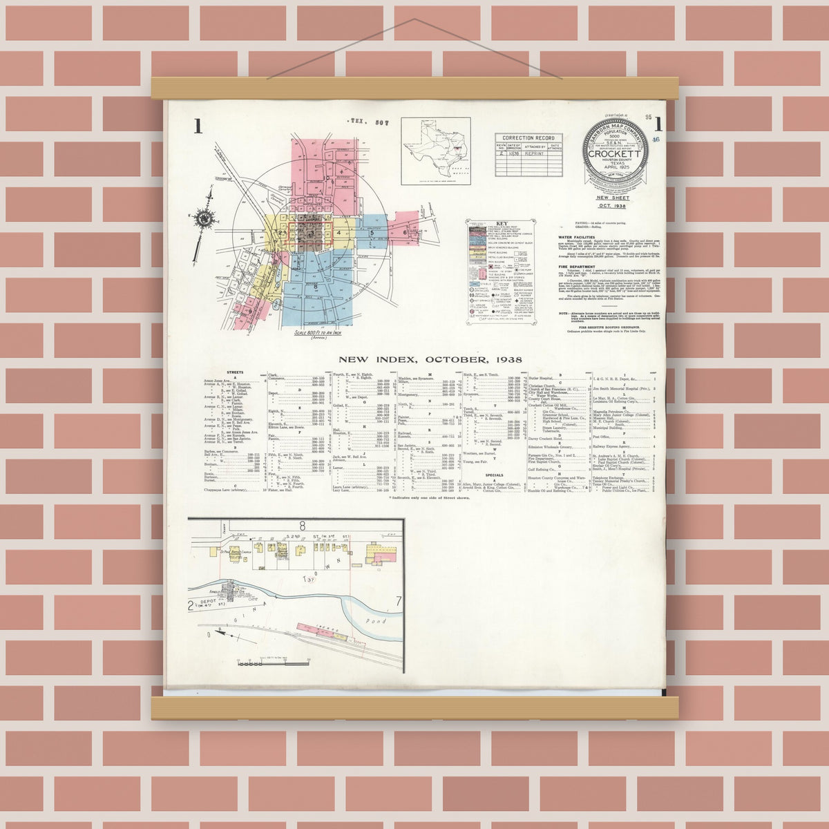 Old map wall art mockup — magnetic wood frame on brick wall — Sanborn Fire Insurance Map from Crockett, Houston County, Texas (1938), Sheet #0001