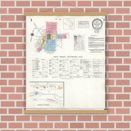 Old map wall art mockup — magnetic wood frame on brick wall — Sanborn Fire Insurance Map from Crockett, Houston County, Texas (1938), Sheet #0001
