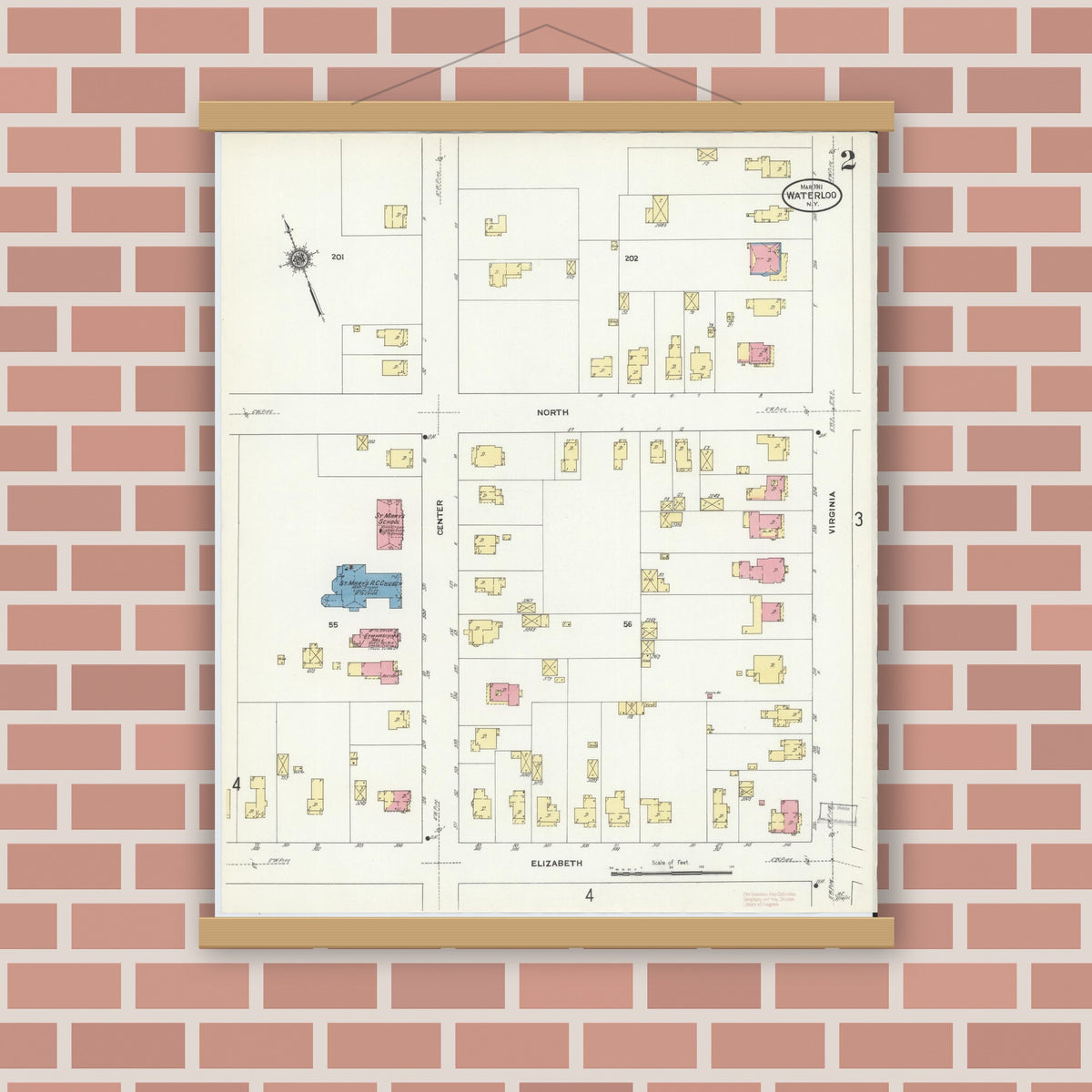 Old map wall art mockup — magnetic wood frame on brick wall — Sanborn Fire Insurance Map from Waterloo, Seneca County, New York (1911), Sheet #0002