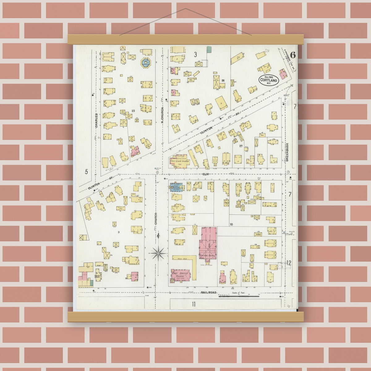 Old map wall art mockup — magnetic wood frame on brick wall — Sanborn Fire Insurance Map from Cortland, Cortland County, New York (1902), Sheet #0006