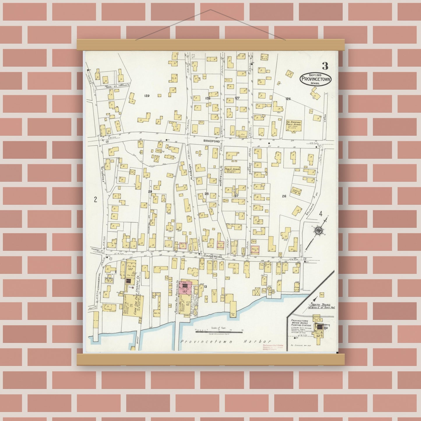 Old map wall art mockup — magnetic wood frame on brick wall — Sanborn Fire Insurance Map from Provincetown, Barnstable County, Massachusetts (1919), Sheet #0003
