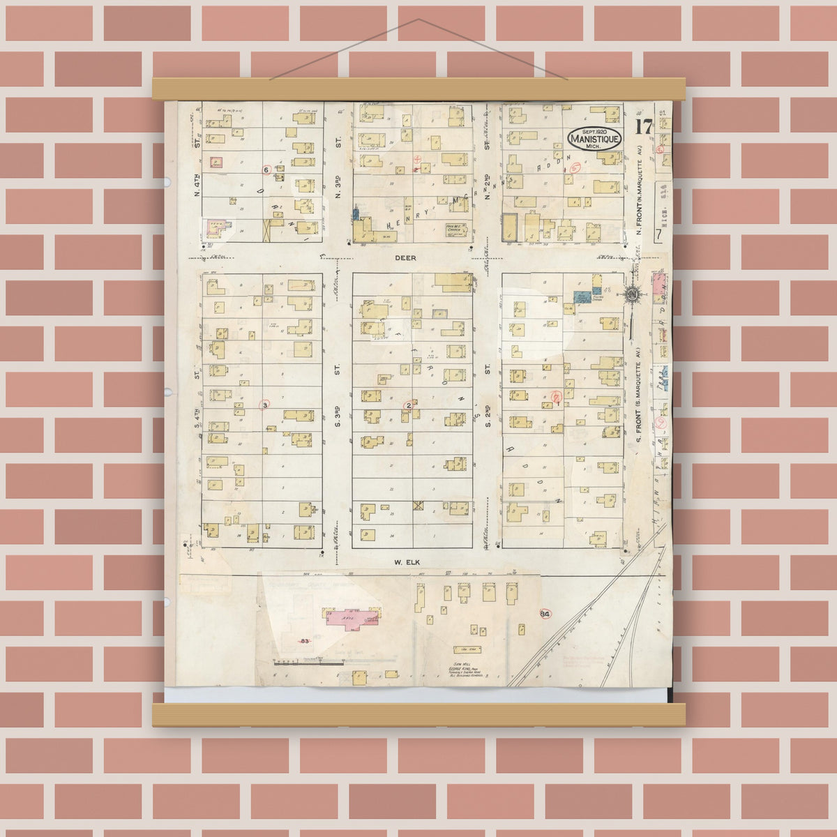 Old map wall art mockup — magnetic wood frame on brick wall — Sanborn Fire Insurance Map from Manistique, Schoolcraft County, Michigan (1950), Sheet #0017
