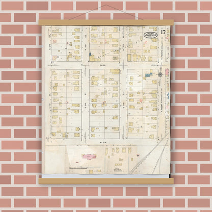 Old map wall art mockup — magnetic wood frame on brick wall — Sanborn Fire Insurance Map from Manistique, Schoolcraft County, Michigan (1950), Sheet #0017