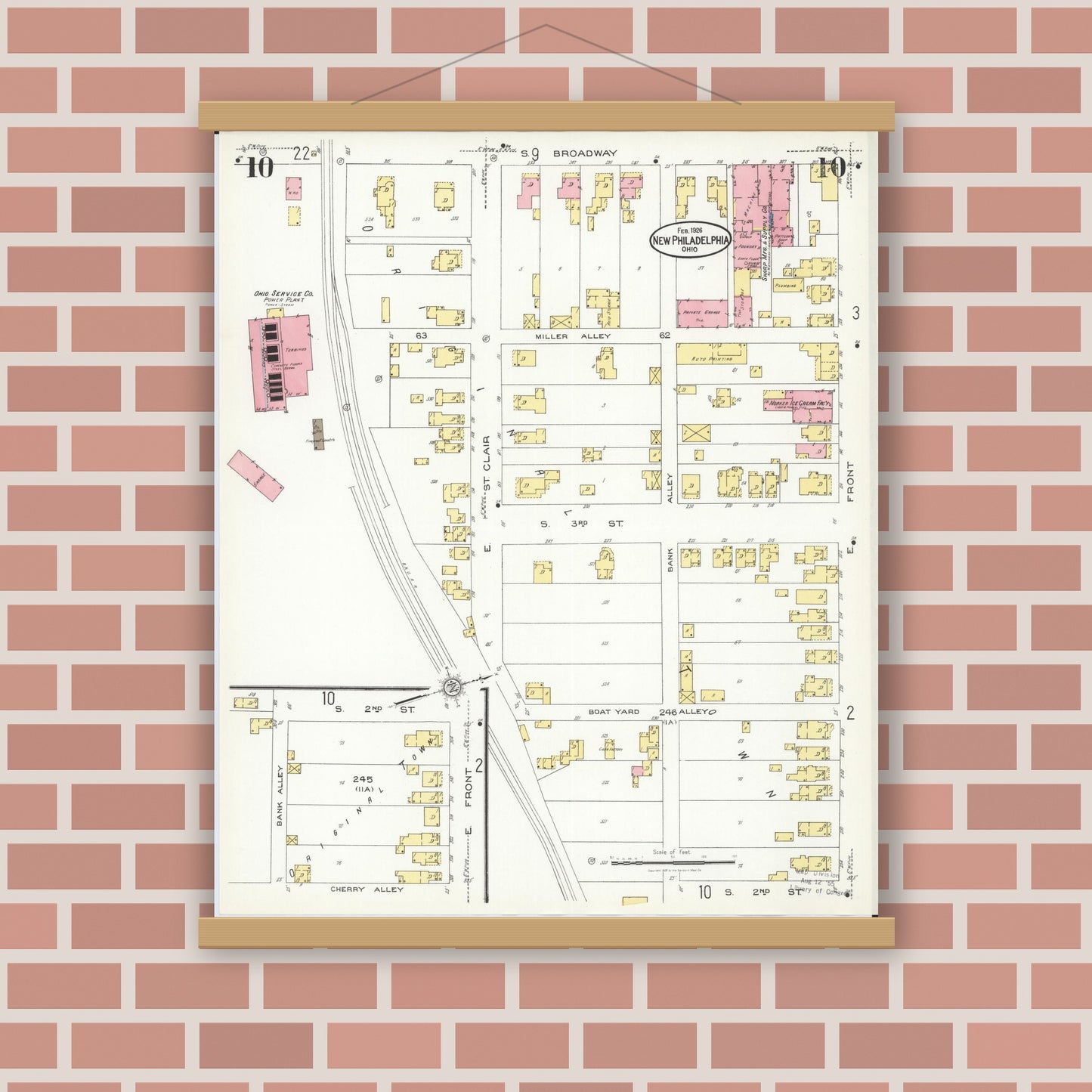 Old map wall art mockup — magnetic wood frame on brick wall — Sanborn Fire Insurance Map from New Philadelphia, Tuscarawas County, Ohio (1926), Sheet #0010