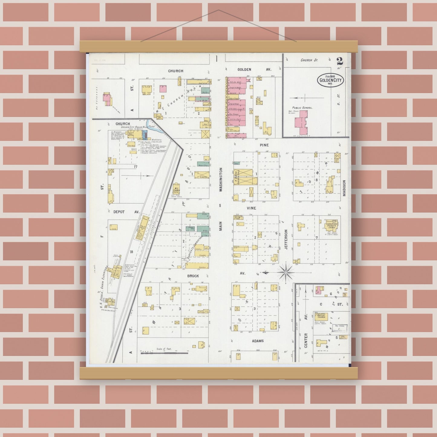 Old map wall art mockup — magnetic wood frame on brick wall — Sanborn Fire Insurance Map from Golden City, Barton County, Missouri (1900), Sheet #0002