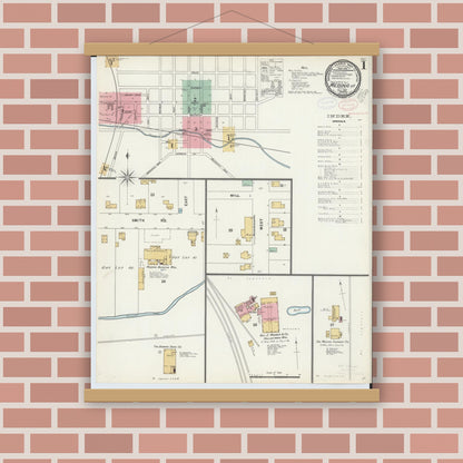 Old map wall art mockup — magnetic wood frame on brick wall — Sanborn Fire Insurance Map from Medina, Medina County, Ohio (1897), Sheet #0001