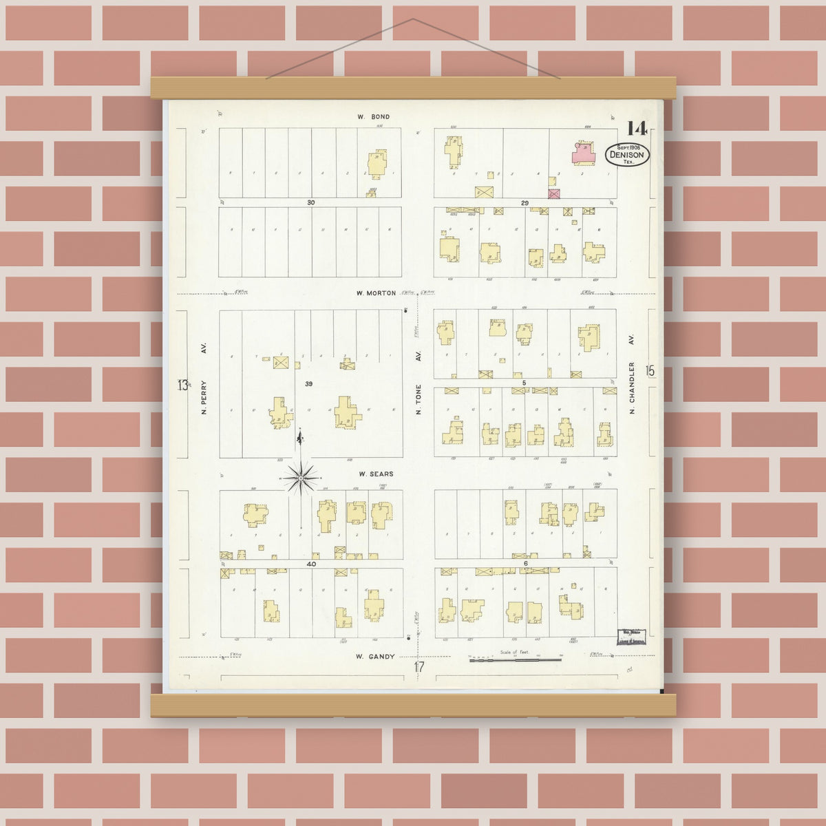 Old map wall art mockup — magnetic wood frame on brick wall — Sanborn Fire Insurance Map from Denison, Grayson County, Texas (1908), Sheet #0014