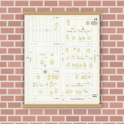 Old map wall art mockup — magnetic wood frame on brick wall — Sanborn Fire Insurance Map from Denison, Grayson County, Texas (1908), Sheet #0014