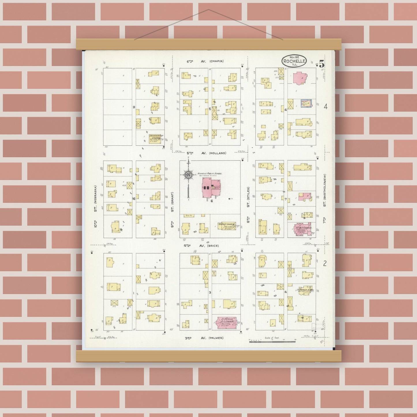 Old map wall art mockup — magnetic wood frame on brick wall — Sanborn Fire Insurance Map from Rochelle, Ogle County, Illinois (1912), Sheet #0005