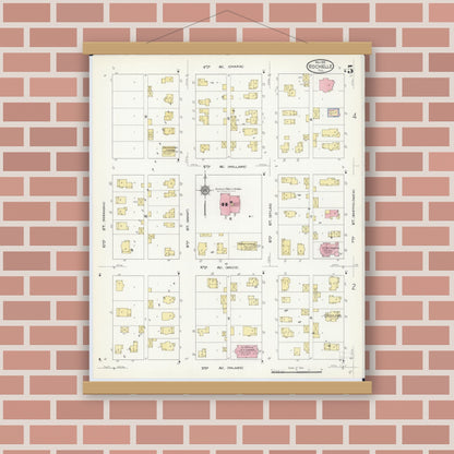 Old map wall art mockup — magnetic wood frame on brick wall — Sanborn Fire Insurance Map from Rochelle, Ogle County, Illinois (1912), Sheet #0005