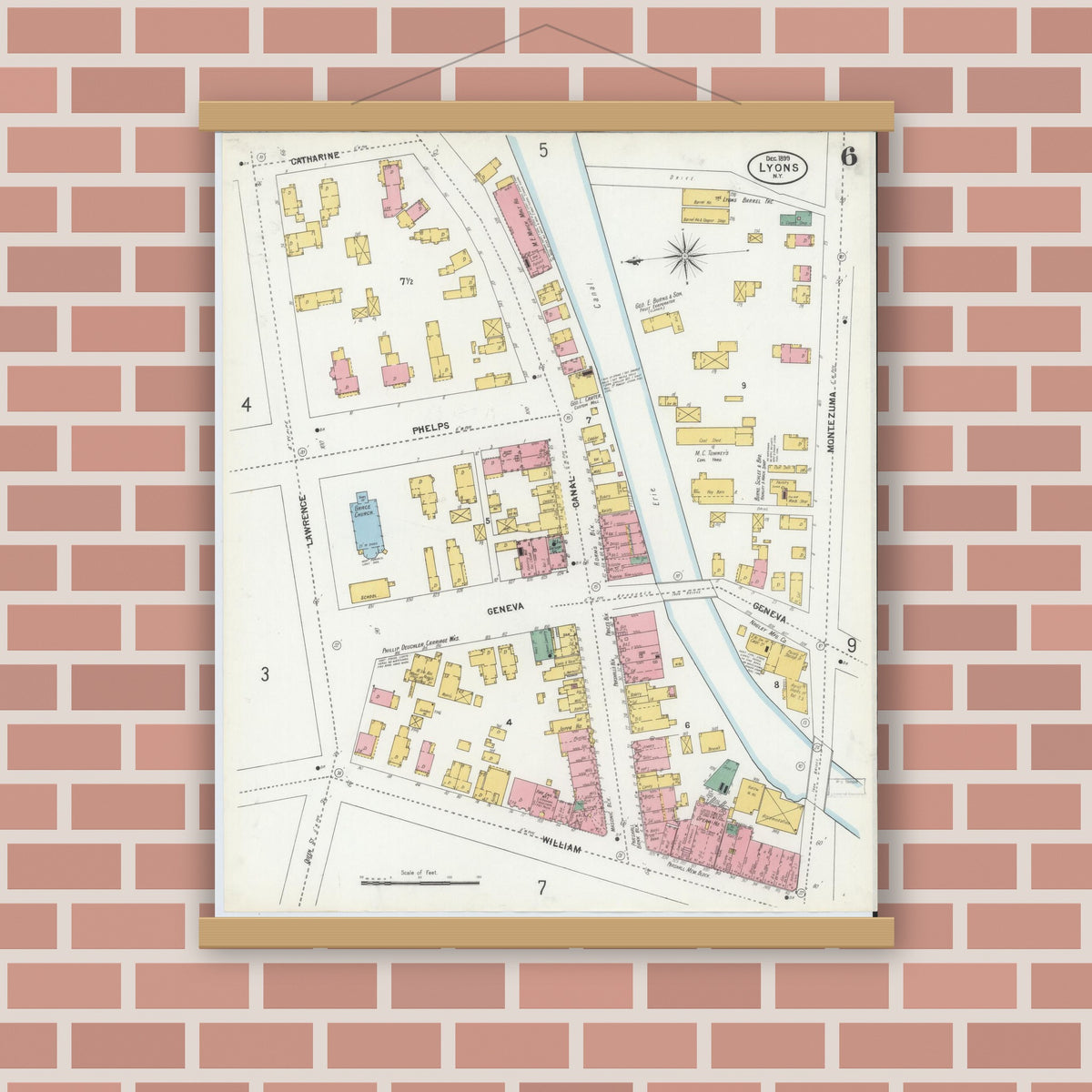 Old map wall art mockup — magnetic wood frame on brick wall — Sanborn Fire Insurance Map from Lyons, Wayne County, New York (1899), Sheet #0006