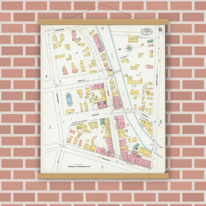 Old map wall art mockup — magnetic wood frame on brick wall — Sanborn Fire Insurance Map from Lyons, Wayne County, New York (1899), Sheet #0006