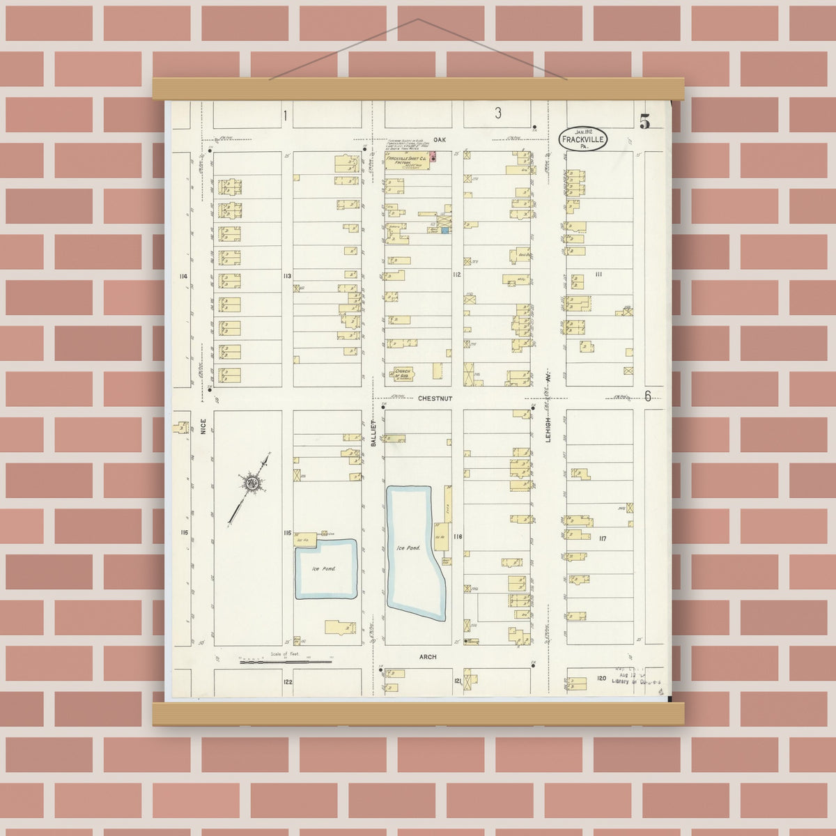Old map wall art mockup — magnetic wood frame on brick wall — Sanborn Fire Insurance Map from Frackville, Schuylkill County, Pennsylvania (1912), Sheet #0005