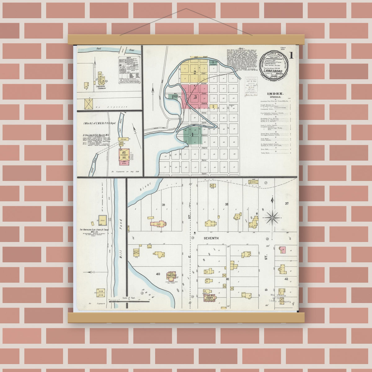 Old map wall art mockup — magnetic wood frame on brick wall — Sanborn Fire Insurance Map from Lanesboro, Fillmore County, Minnesota (1900), Sheet #0001