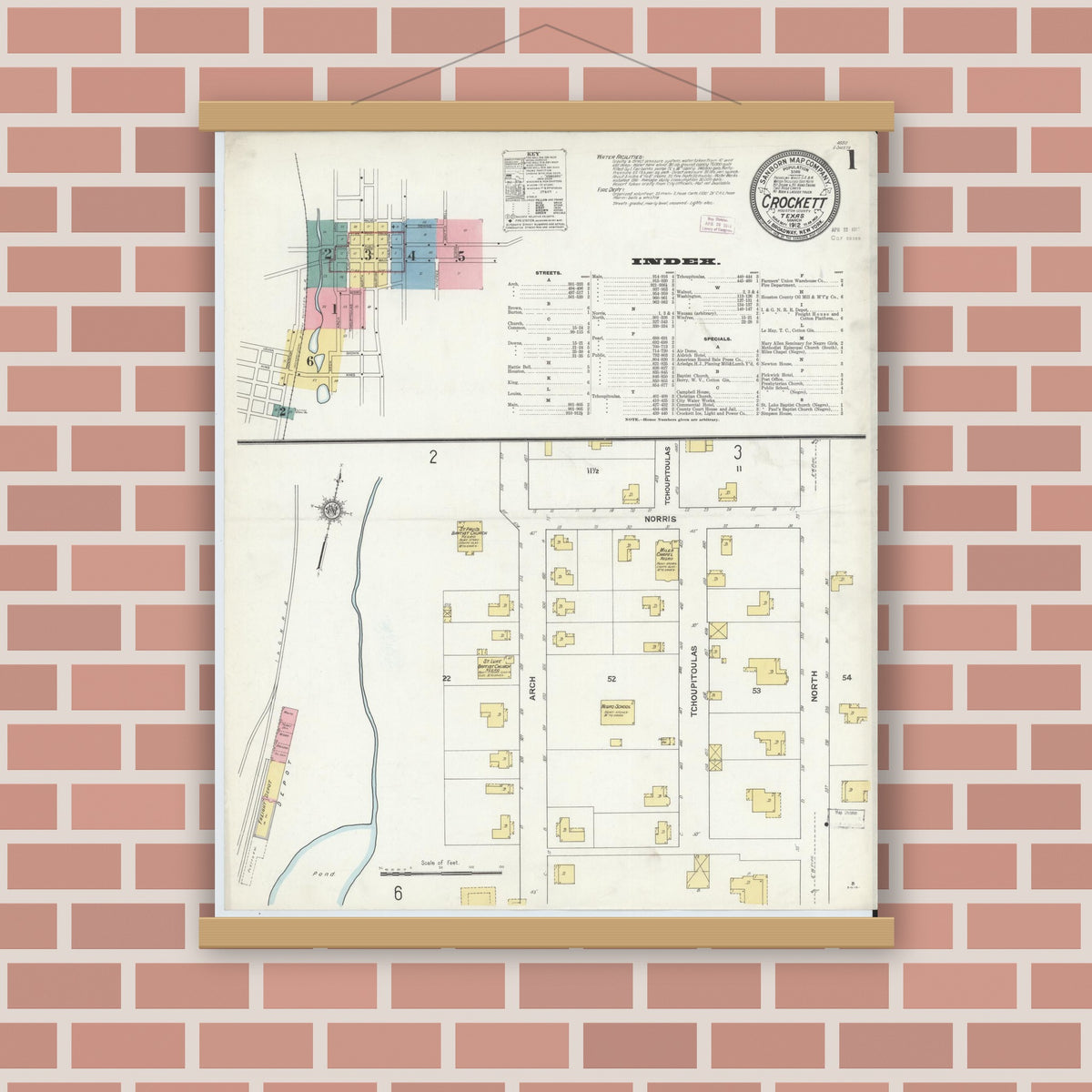 Old map wall art mockup — magnetic wood frame on brick wall — Sanborn Fire Insurance Map from Crockett, Houston County, Texas (1912) - Complete Map Set
