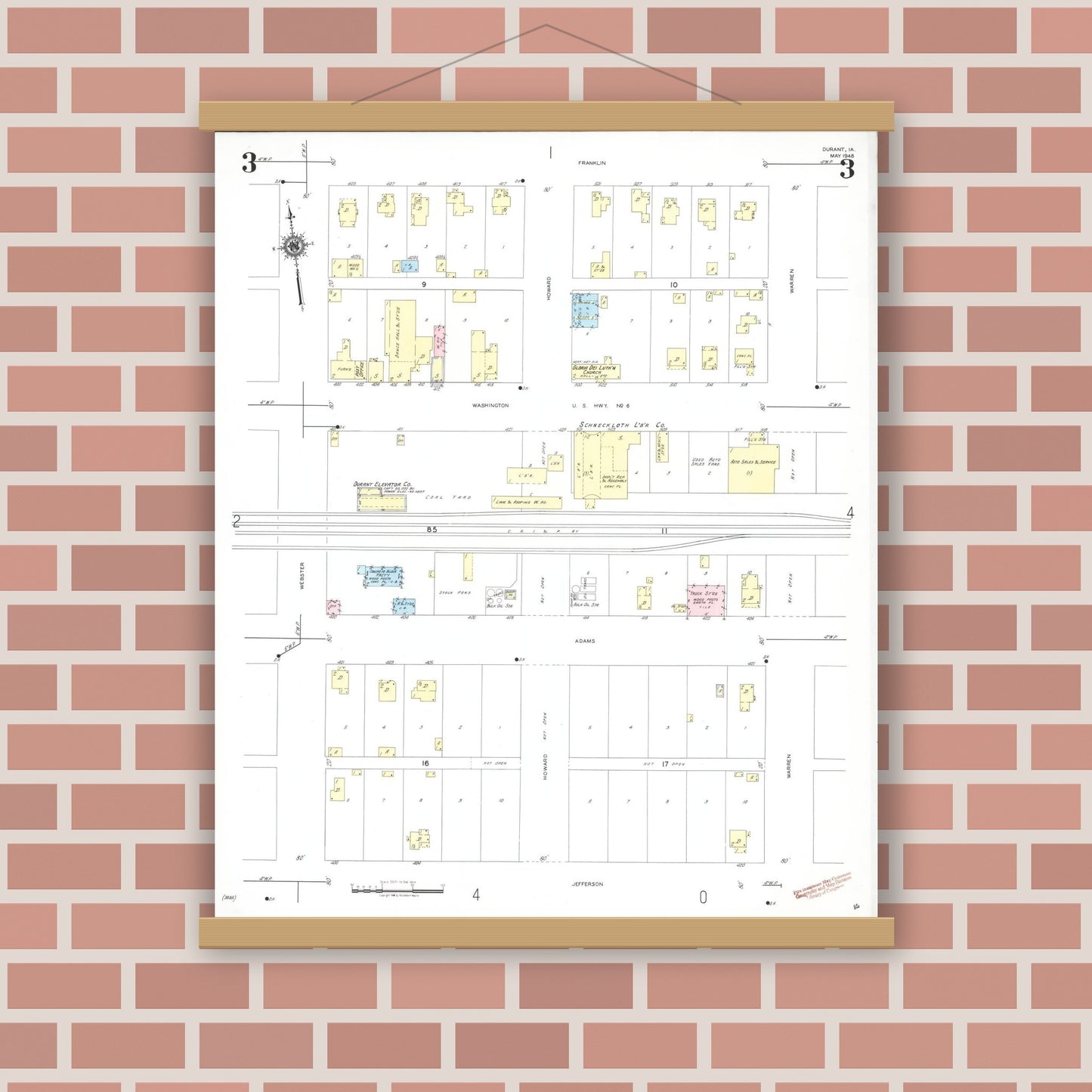 Old map wall art mockup — magnetic wood frame on brick wall — Sanborn Fire Insurance Map from Durant, Cedar County, Iowa (1948), Sheet #0003