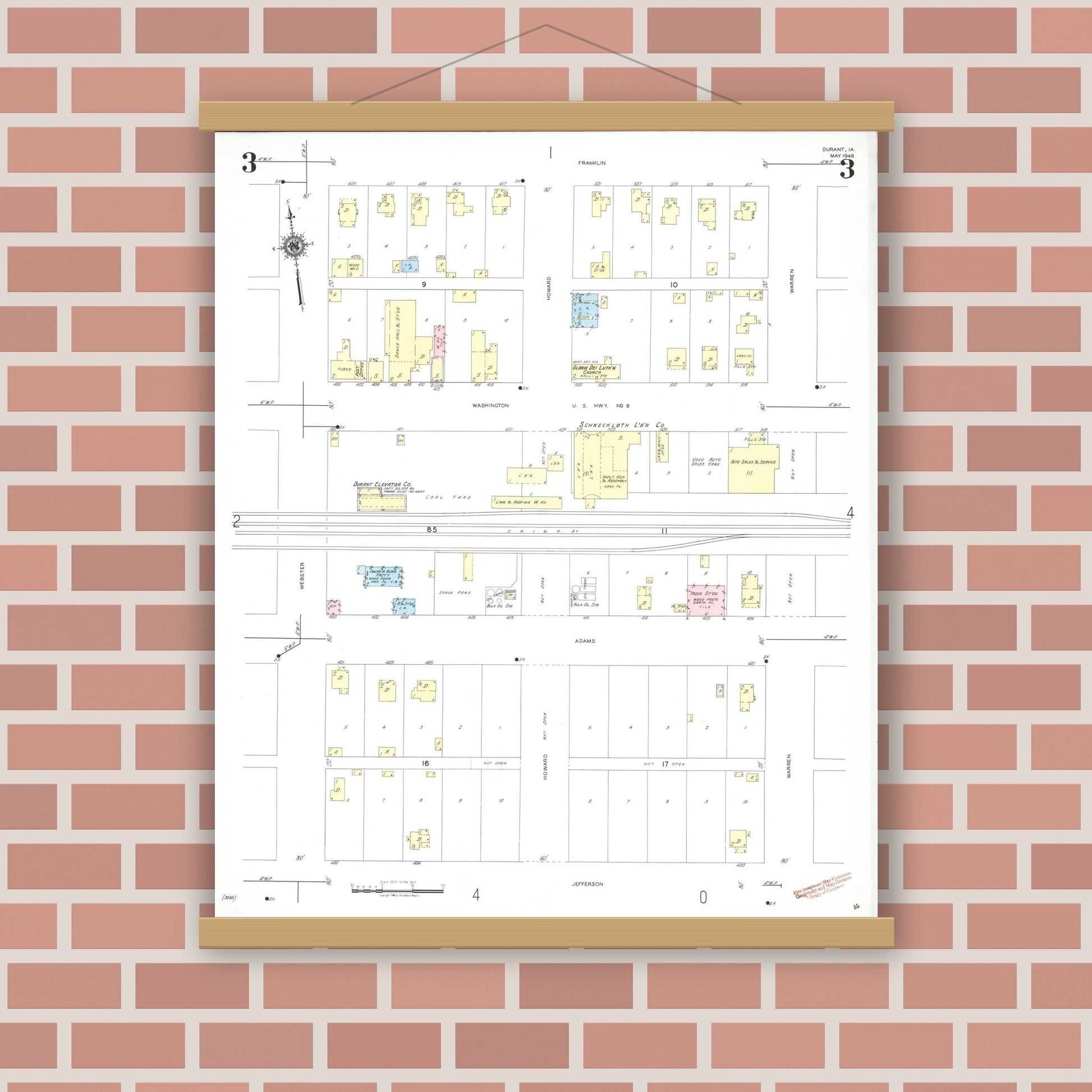 Old map wall art mockup — magnetic wood frame on brick wall — Sanborn Fire Insurance Map from Durant, Cedar County, Iowa (1948), Sheet #0003