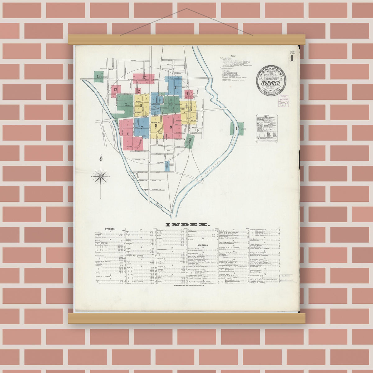 Old map wall art mockup — magnetic wood frame on brick wall — Sanborn Fire Insurance Map from Norwich, Chenango County, New York (1903), Sheet #0001