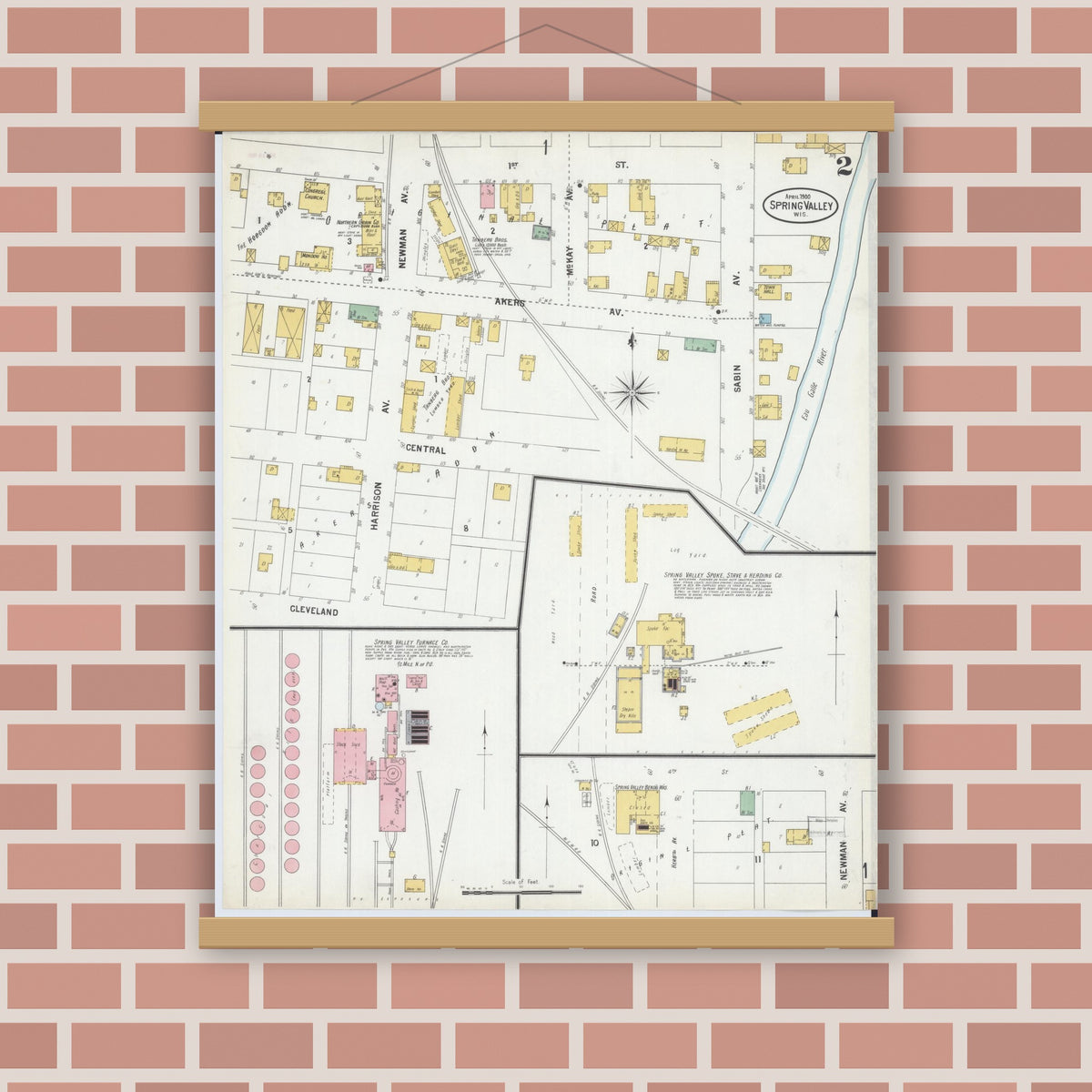 Old map wall art mockup — magnetic wood frame on brick wall — Sanborn Fire Insurance Map from Spring Valley, Pierce County, Wisconsin (1900), Sheet #0002