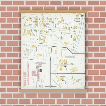 Old map wall art mockup — magnetic wood frame on brick wall — Sanborn Fire Insurance Map from Spring Valley, Pierce County, Wisconsin (1900), Sheet #0002