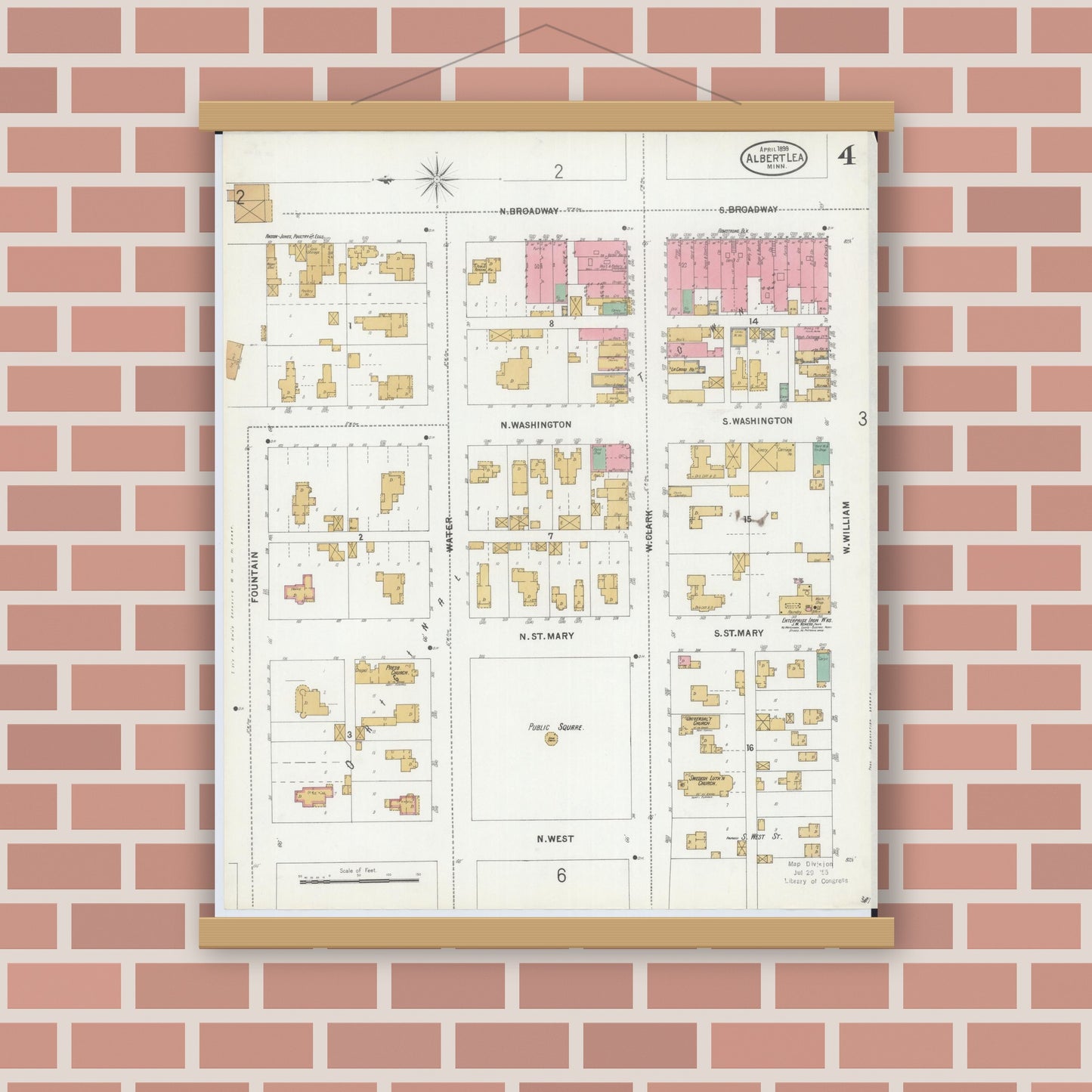 Old map wall art mockup — magnetic wood frame on brick wall — Sanborn Fire Insurance Map from Albert Lea, Freeborn County, Minnesota (1899), Sheet #0004